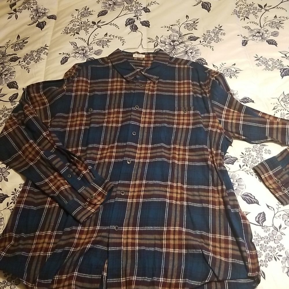 Basic Editions Teal Plaid Classic Fit Fleece Button Front Shirt NWOT Mens Sz. XL
